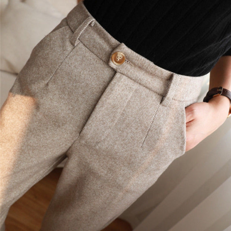 beige stylish trouser on model close up view